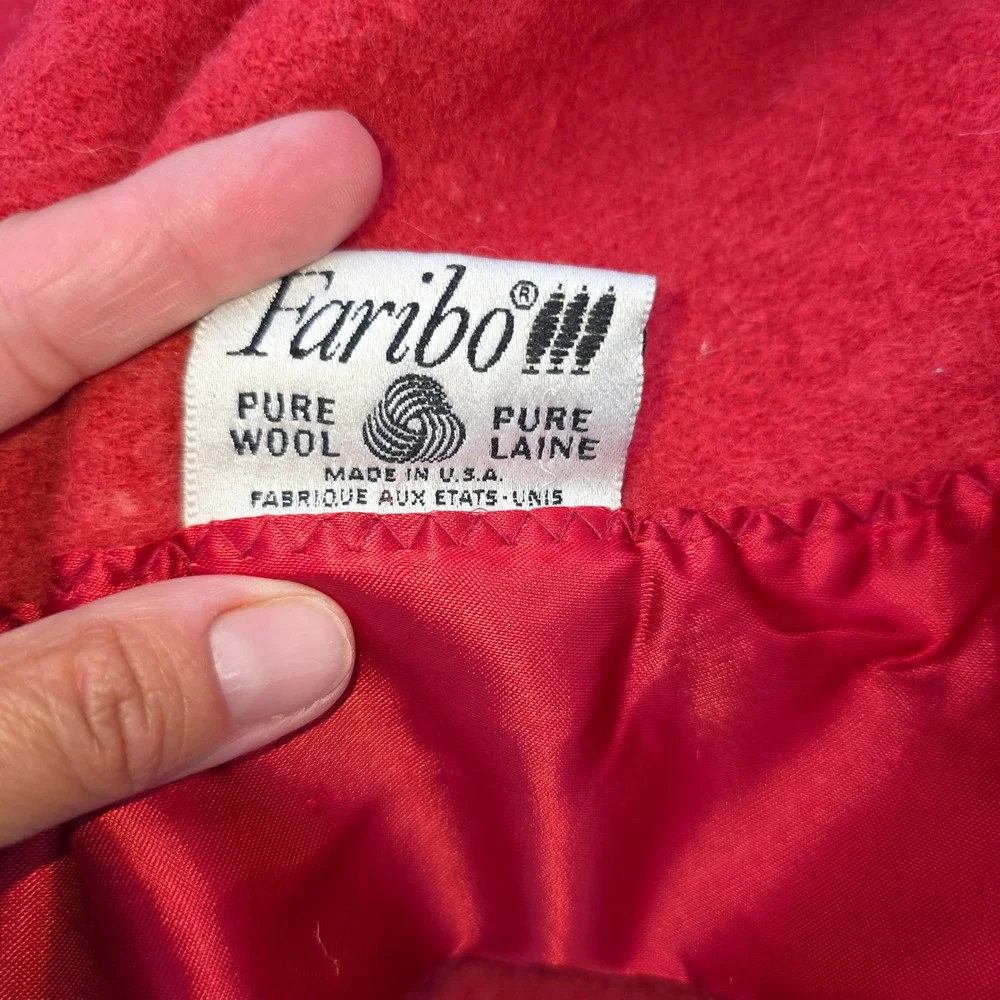 Faribo Woolen Mill Co Red Pure Wool Blanket Satin Ruffle Trim Made in USA 84x80